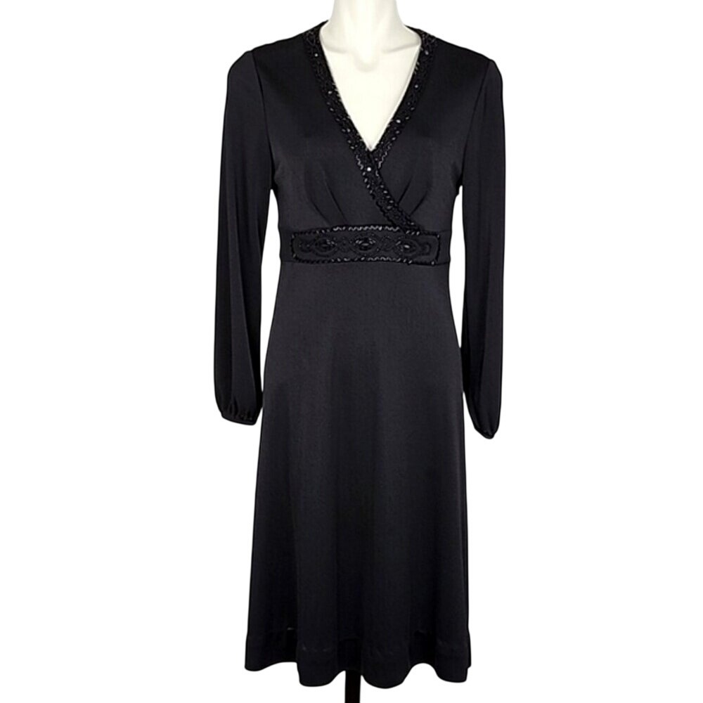 Talbots Petites Women's Black Fit & Flare Midi Dress Bead Neckline Waist Size 12